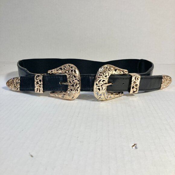 Vtg Western Stretch Faux Black Leather Gold Tone Double Buckle Womens Belt XS S - Picture 3 of 15